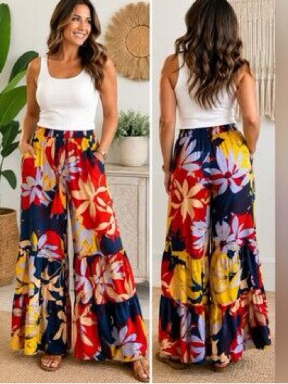 True Destinations Red Blue yellow tropical Palazzo Tiered Ruffle Resort
Pants M